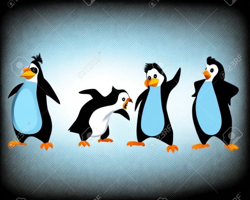 Ilustración de un cuatro pingüinos divertidos