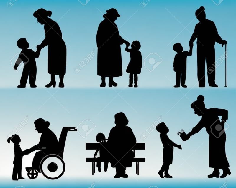 Illustration vectorielle d'une grand-mères et silhouettes de petit-fils