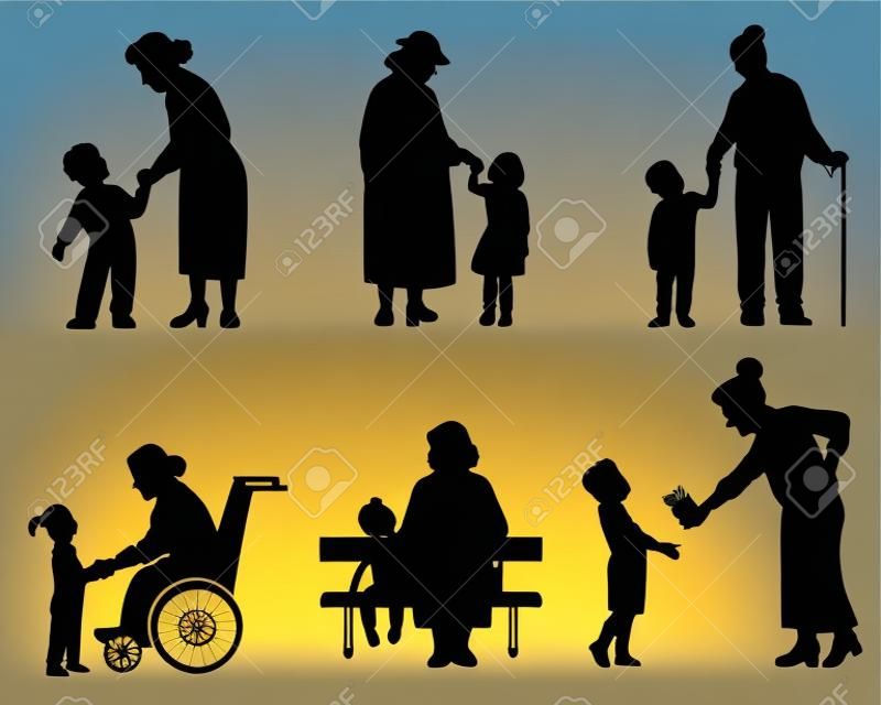 Vector illustration of a grandmothers and grandson silhouettes