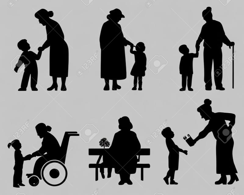 Illustration vectorielle d'une grand-mères et silhouettes de petit-fils
