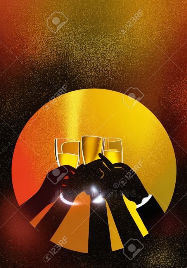 Silhuetas dos braços de um grupo de pessoas brindando com champanhe em uma festa noturna enquanto o confete dourado cai.