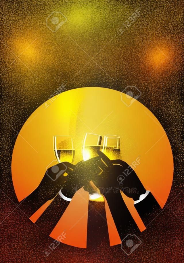 Silhouettes of the arms of a group of people toasting with champagne at a night party while golden confetti falls. Vector illustration
