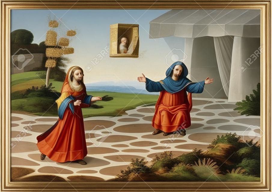 De Maagd Maria ontmoet Elisabeth, de moeder van Johannes de Doper.