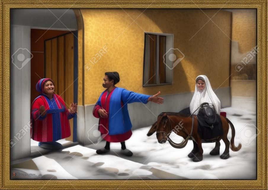 Maria und Joseph aus der Stadt Bethlehem suchen ein Hotel zur Übernachtung. Aber alle Hotels sind beschäftigt.