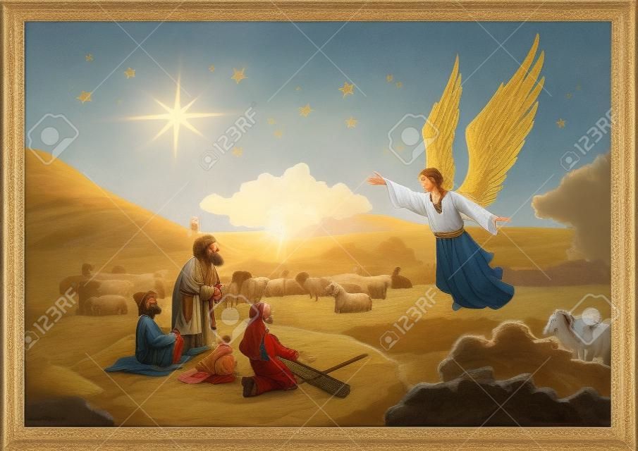 L'Ange rend visite aux bergers sur le terrain et leur parle de la naissance du Sauveur dans la ville de Bethléem.