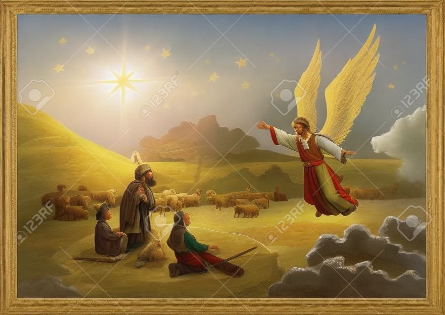 Der Engel besucht die Hirten auf dem Feld und erzählt ihnen von der Geburt des Erlösers in der Stadt Bethlehem.