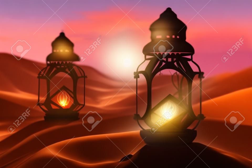 realistic ilustration, Ramadan lanterns in desert background at sunset, generative ai