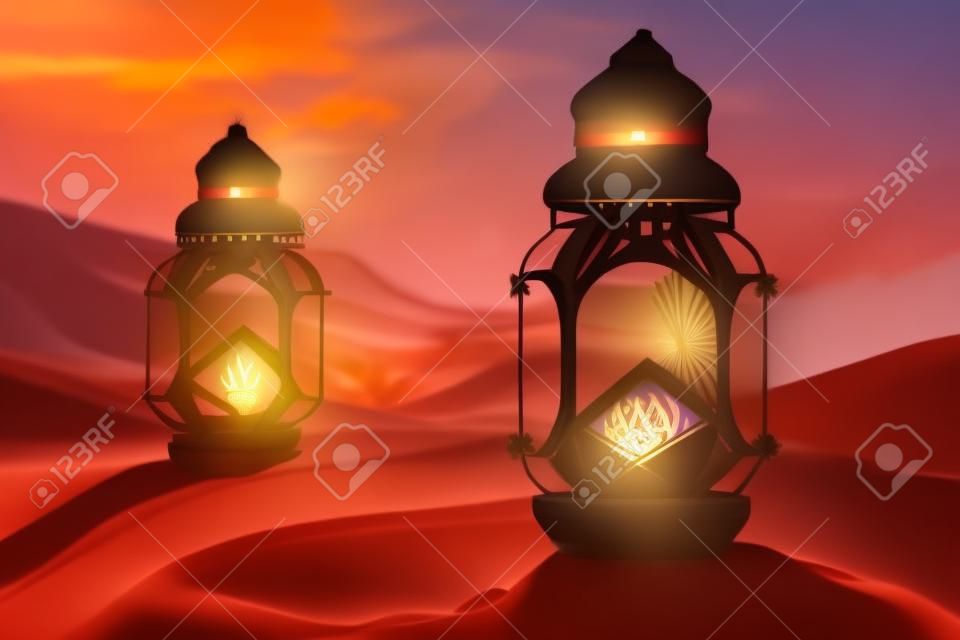 Realistische Illustration, Ramadan-Laternen im Wüstenhintergrund bei Sonnenuntergang, generative ai