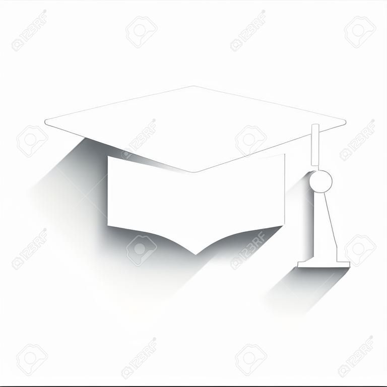 Tablero de mortero o gorro de graduación, símbolo de Educación. Vector. Icono blanco con suave sombra sobre fondo transparente.