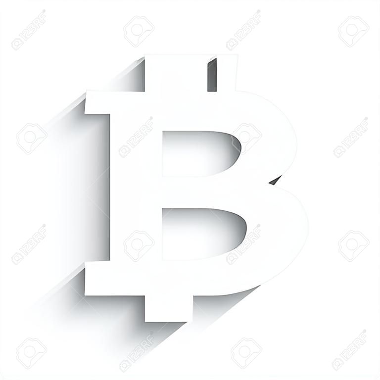 Bitcoin sign. Vector. White icon with soft shadow on transparent background.