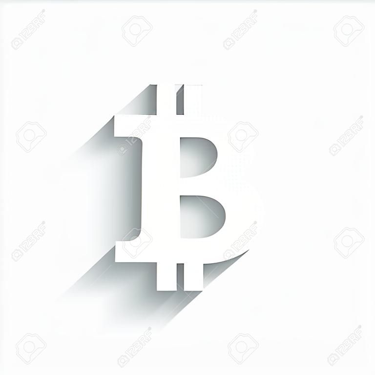 Bitcoin sign. Vector. White icon with soft shadow on transparent background.