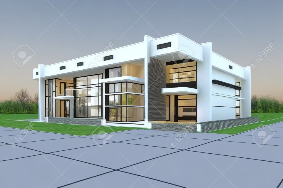 3d Modern house design in a blueprint style