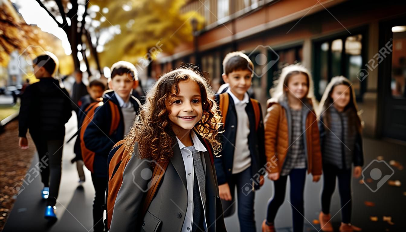 Group of schoolchildren walking in the street in autumn. Selective focus. Generative AI.