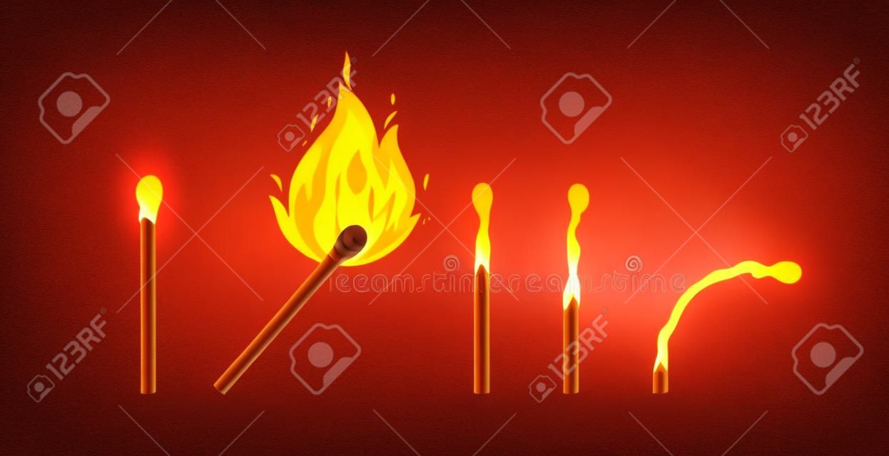 Fiammifero bruciato con il fuoco. set di fiammiferi con testa di zolfo stadi fiammeggianti dall'accensione all'estinzione. illustrazione di vettore del falò della scintilla del fumetto