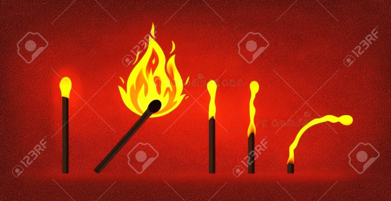 火で焼けたマッチ棒。発火から消滅までの硫黄頭の炎の段階を持つマッチ棒のセット。漫画の火花の焚き火のベクターイラスト