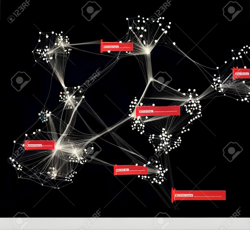 Visualización creativa de grandes datos. Concepto de computación en clúster. Representación de agrupamiento de información. Gráfico de redes sociales de usuarios.