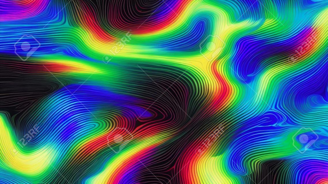 Regenbogen trippiger Hintergrund. Schillernde flüssige Textur. Flüssiges holografisches Muster. Saure Regenbogenwellen. Verrückter Turbulenzeffekt.
