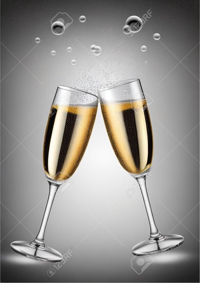 Vector champagne fluiten klinken samen met bubbels.