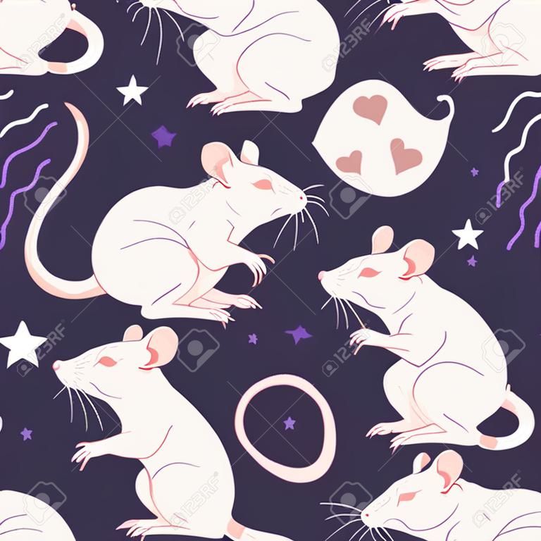 Patrón sin fisuras con ratas en la ilustración de fondo violeta