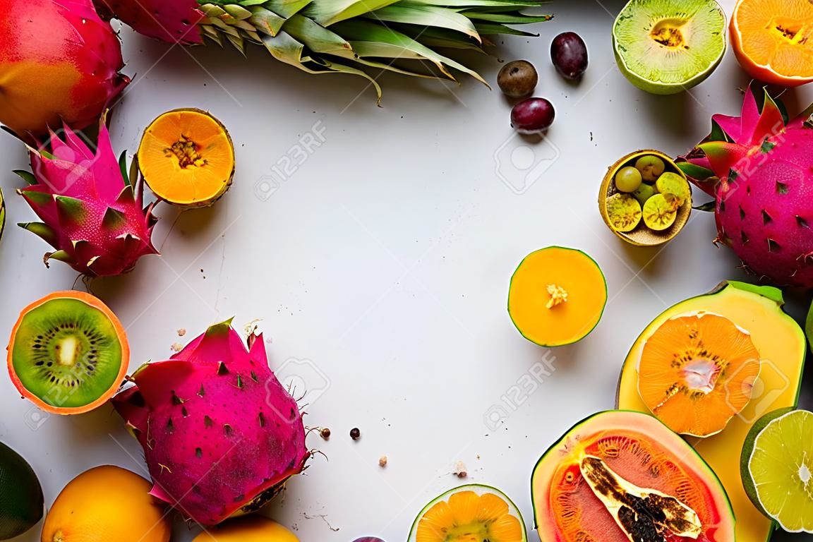 Creative layout tropical exotic fruits with copy space. Flat lay with healthy summer food ingredients: papaya, pitaya, pineapple, orange, lime, grapes and mango.
