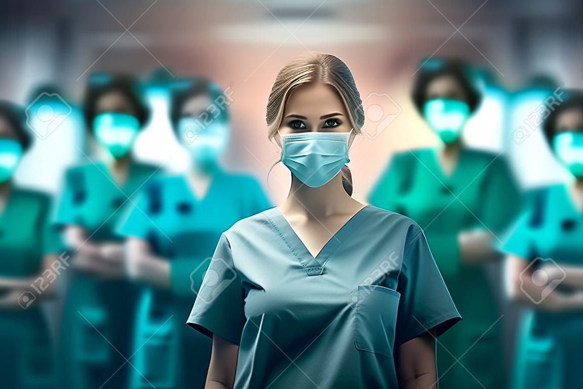 A nurse stands as the background of many other nurses in hospital, AI Generated