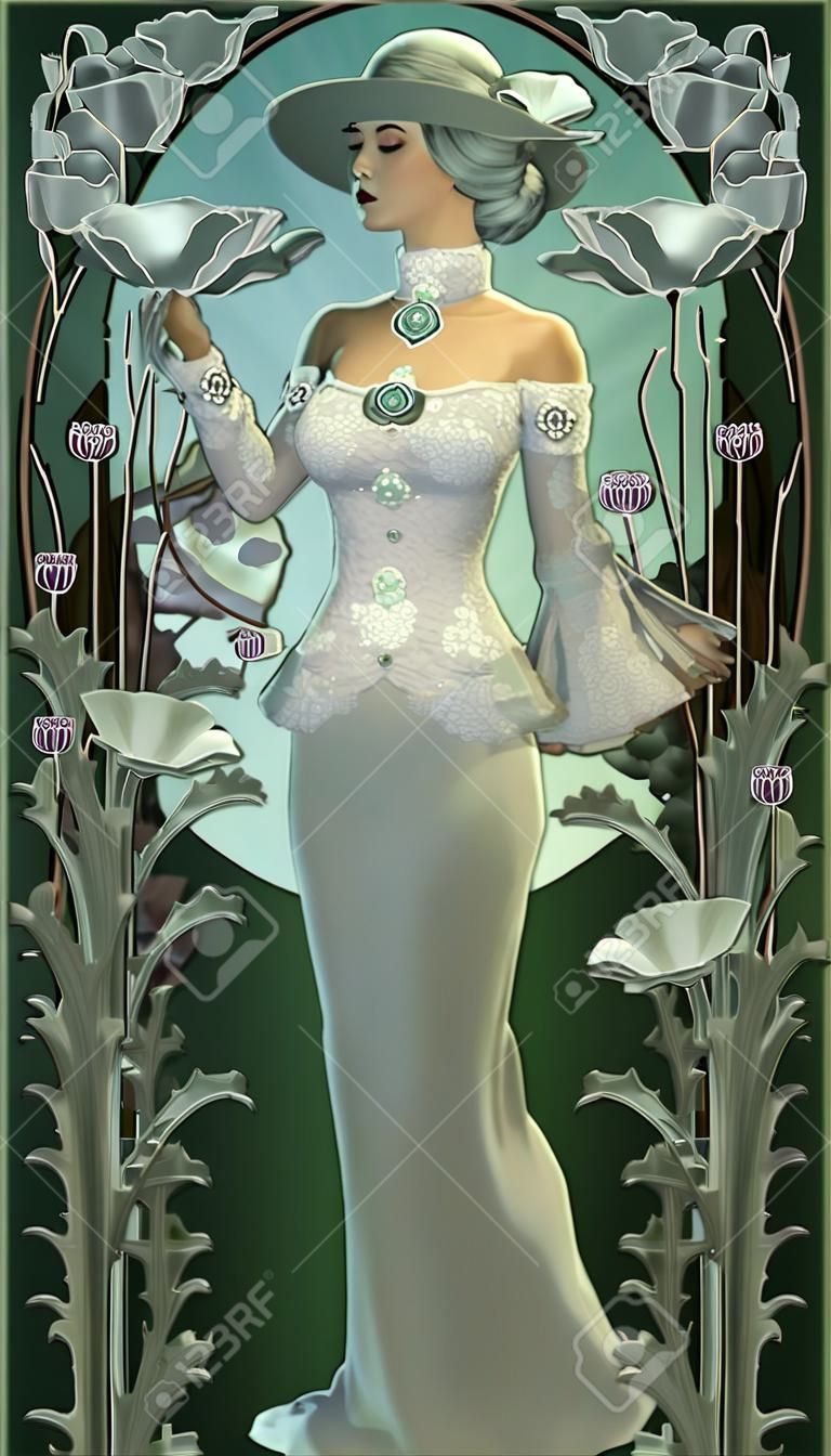 illustration of a lady and white poppies in Victorian style