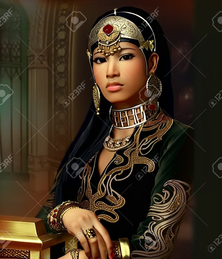 古代東洋の宝石や衣類を持つ若い女性のファンタジー肖像画の 3 D コンピュータ ・ グラフィックス