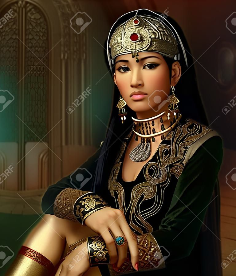 gráficos por ordenador en 3D de un retrato de la fantasía de una mujer joven con la joyería antigua Oriental y de la confección