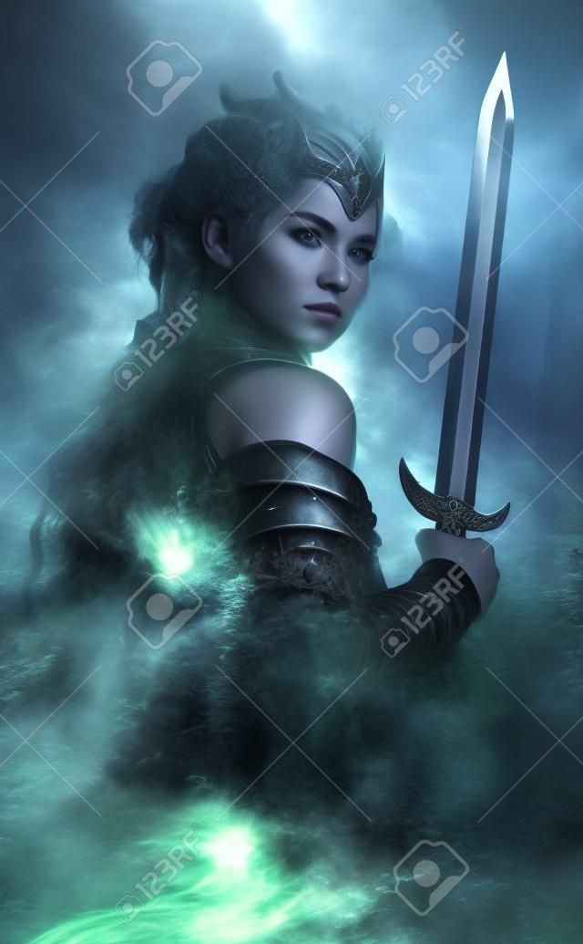 3D computer graphics van een vrouwelijke krijger met fantasie jurk en zwaard
