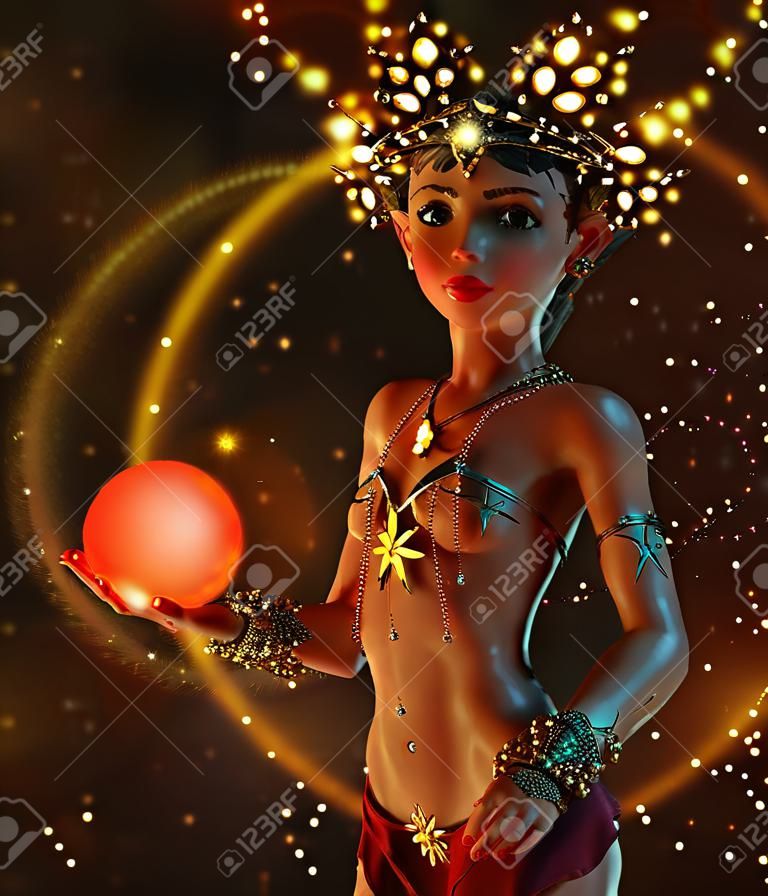 3d computer graphics of a  little fairy with illuminated headdress, jewelry and sphere