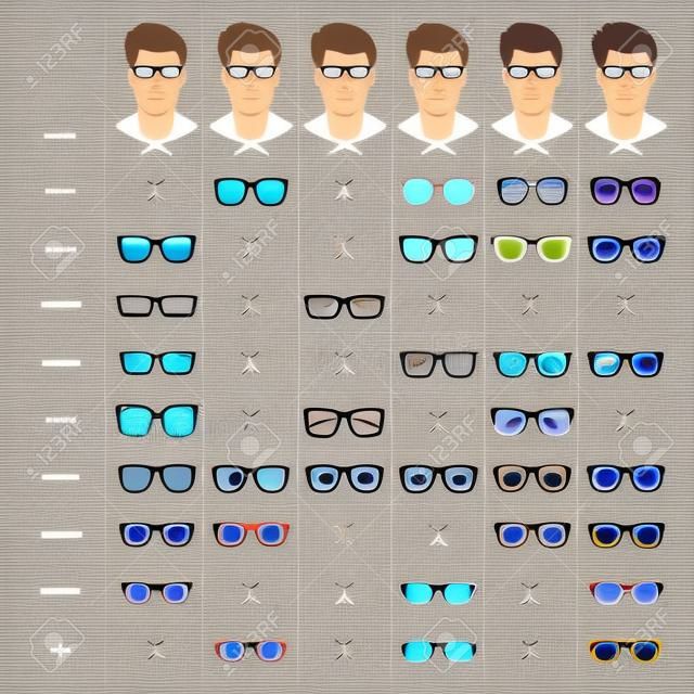 Right glasses for mans face shape. Stock vector illustration of glasses shapes for different male face types. glasses for man. frame styles. male glasses different types.