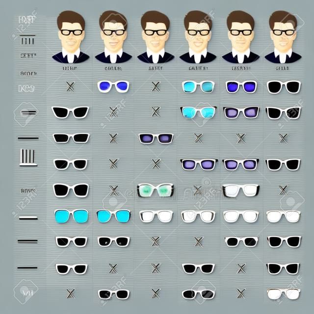 Right glasses for mans face shape. Stock vector illustration of glasses shapes for different male face types. glasses for man. frame styles. male glasses different types.