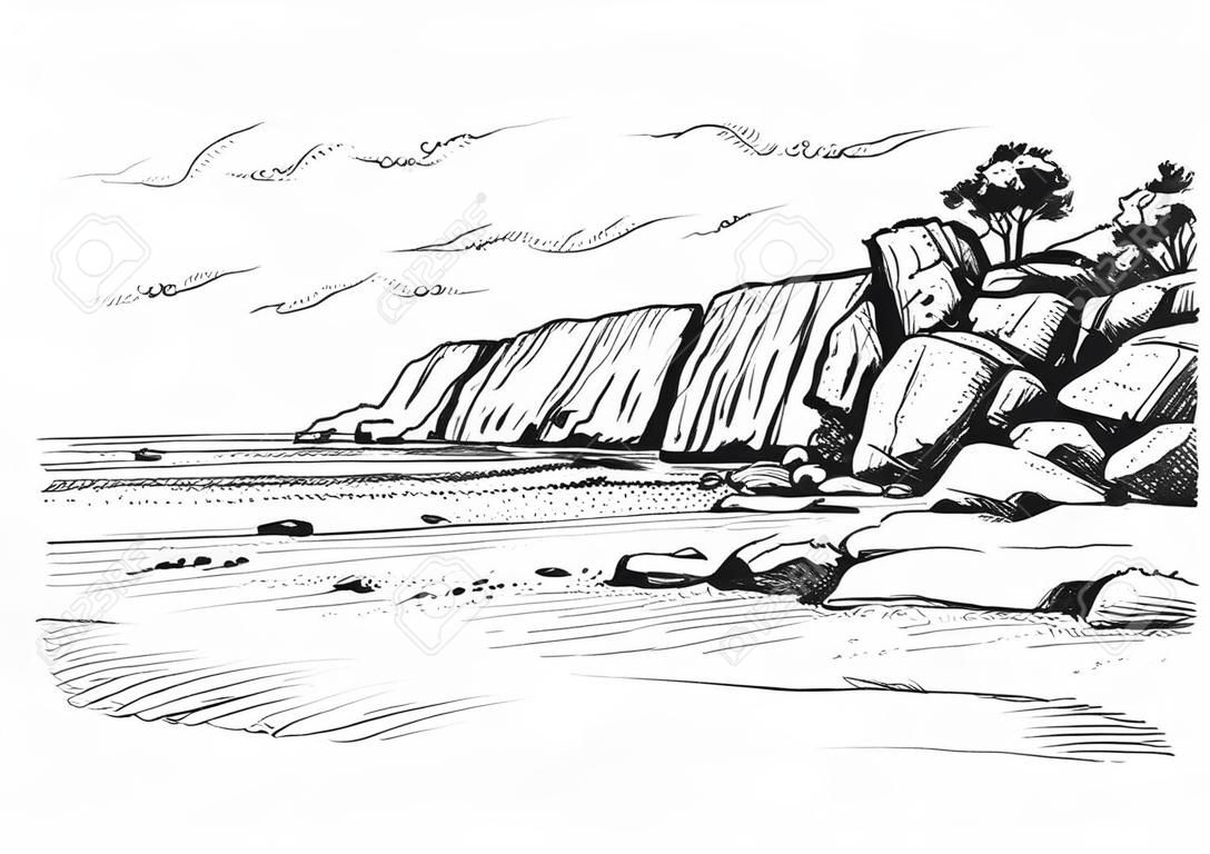 岩だらけの海岸の手描きベクトル イラストのスケッチ