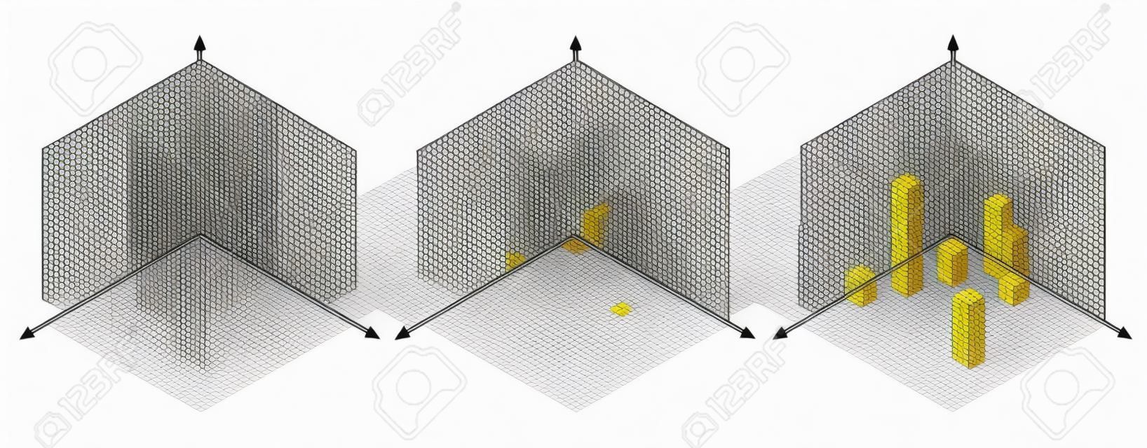 Изометрический рисунок на тридцать градусов привязан к его сторонам. Куб напротив. Изометрическая сетка