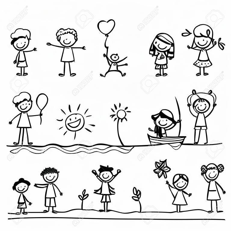 Cartoon rysunek ręki szczęśliwe dzieci bawiące