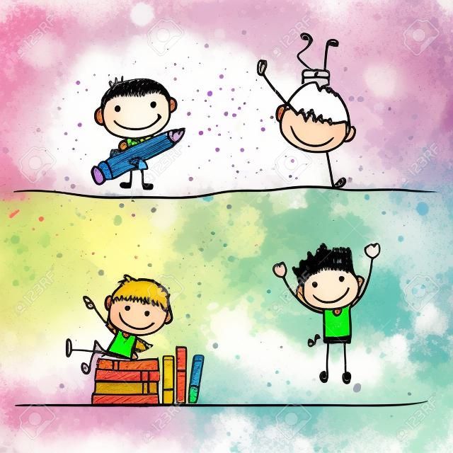 Handzeichnung Karikatur glückliche Kinder spielen