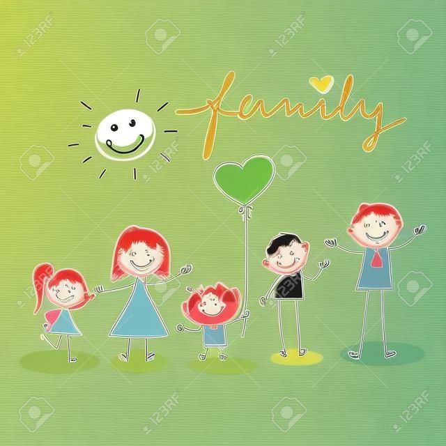 desenho da mão personagem de desenho animado feliz família