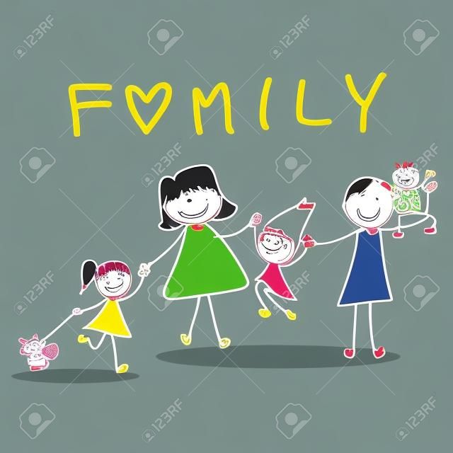 dessin main heureuse famille de personnage de dessin animé