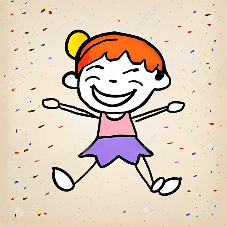 Conceito colorido dos desenhos animados da felicidade do desenho da mão, menina feliz, caráter do sorriso da criança com ilustração do vetor da alegria