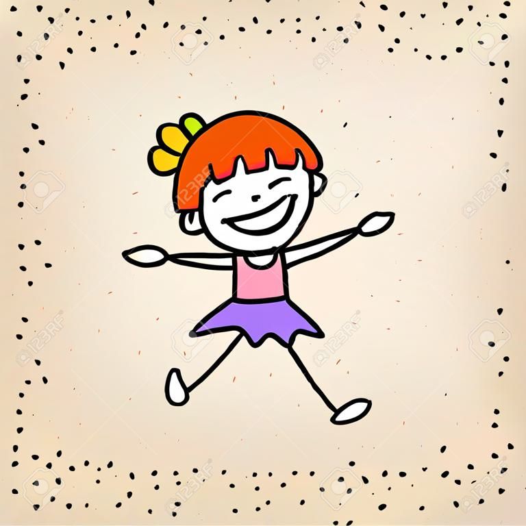 Conceito colorido dos desenhos animados da felicidade do desenho da mão, menina feliz, caráter do sorriso da criança com ilustração do vetor da alegria