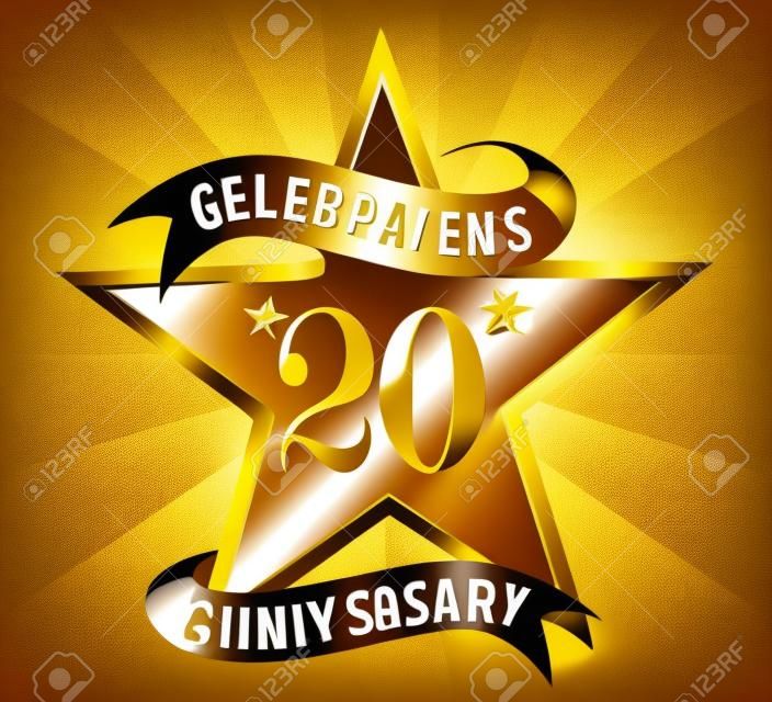 이십년 주년 기념 골든 스타 리본 20 주년 장식 황금 초대 카드를 축하 - 벡터 EPS10