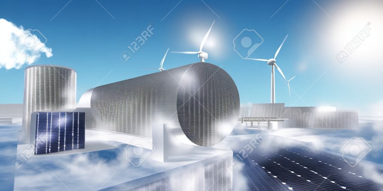 Erneuerbare Energieerzeugung aus Wasserstoff - Wasserstoffgas für Solar- und Windturbinenanlagen mit sauberem Strom. 3D-Rendering.