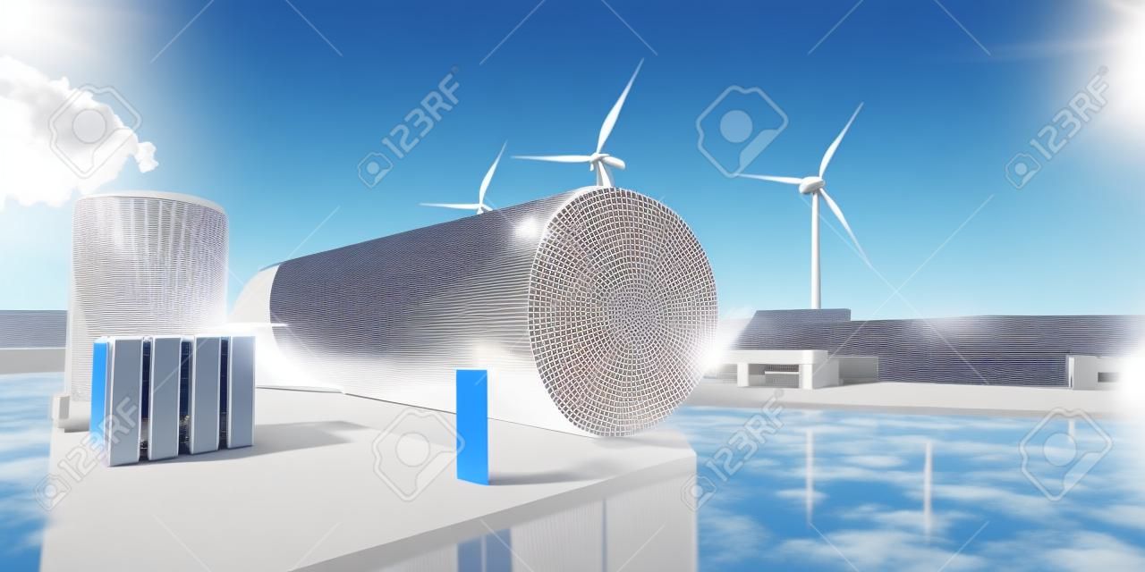 Produkcja energii odnawialnej wodoru - gaz wodorowy dla czystej energii elektrycznej elektrowni słonecznej i turbiny wiatrowej. renderowania 3D.