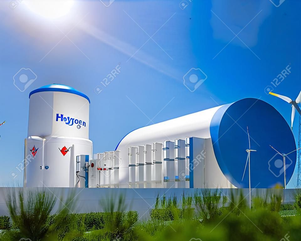 Produção de energia renovável de hidrogênio - gás hidrogênio para instalações de turbinas solares e eólicas de eletricidade limpa.