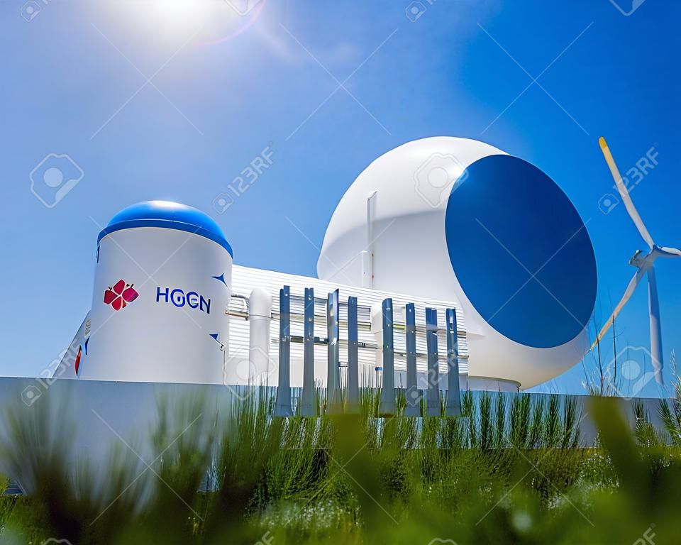 Hydrogen renewable energy production - hydrogen gas for clean electricity solar and wind turbine facility. 3d rendering.