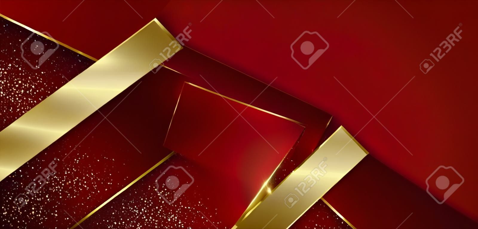 Streszczenie 3d nowoczesny luksusowy szablon czerwony kolor i złota strzałka tło ze złotym brokatem linii lekki blask. ilustracja wektorowa