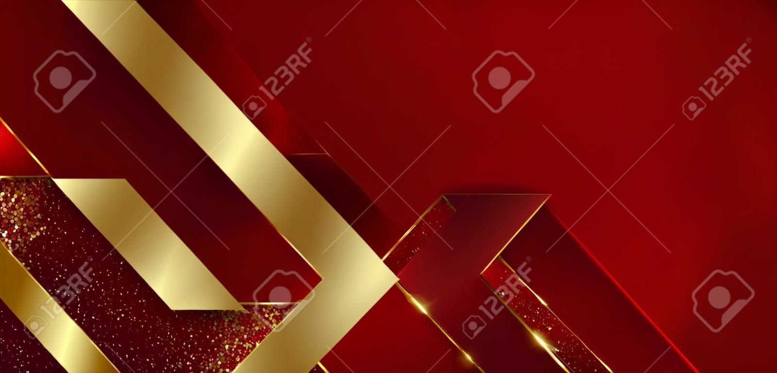 Streszczenie 3d nowoczesny luksusowy szablon czerwony kolor i złota strzałka tło ze złotym brokatem linii lekki blask. ilustracja wektorowa