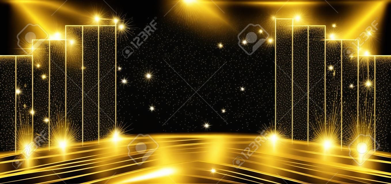Elegant golden stage diagonal glowing with lighting effect sparkle on black background. Template premium award design. Vector illustration