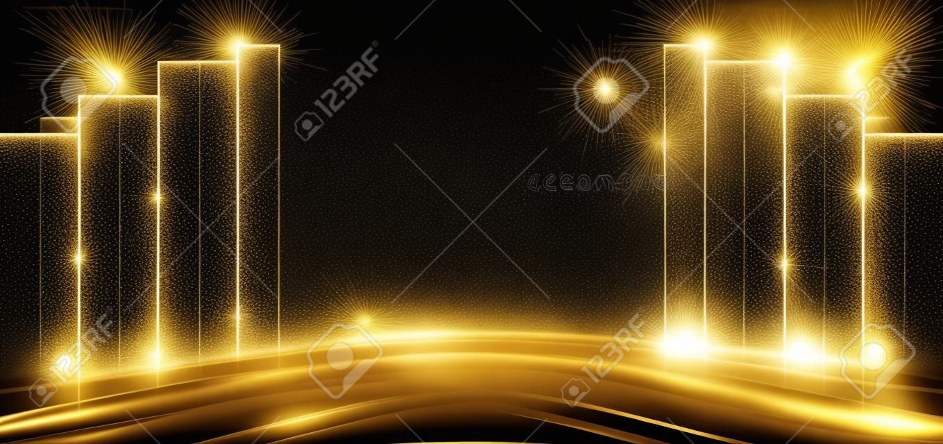Elegant golden stage diagonal glowing with lighting effect sparkle on black background. Template premium award design. Vector illustration