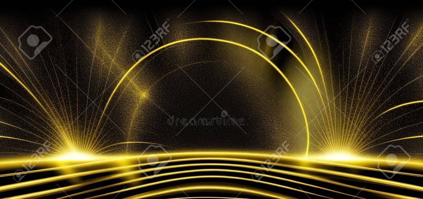 Elegante círculo de escenario dorado que brilla con un efecto de iluminación que brilla sobre fondo negro. diseño de premio premium de plantilla. ilustración vectorial